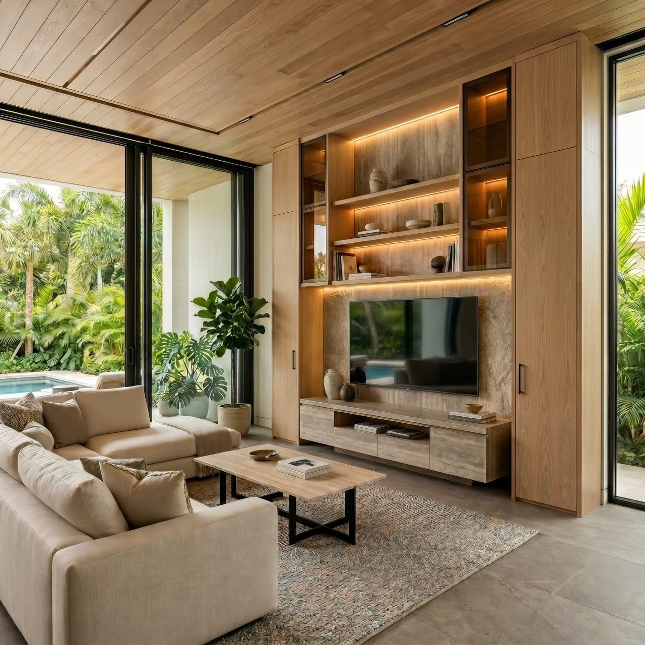 Modern Timber Living Room - Luxury modern living room interior design with the perfect blend of stone and timber by Fragment Ruang